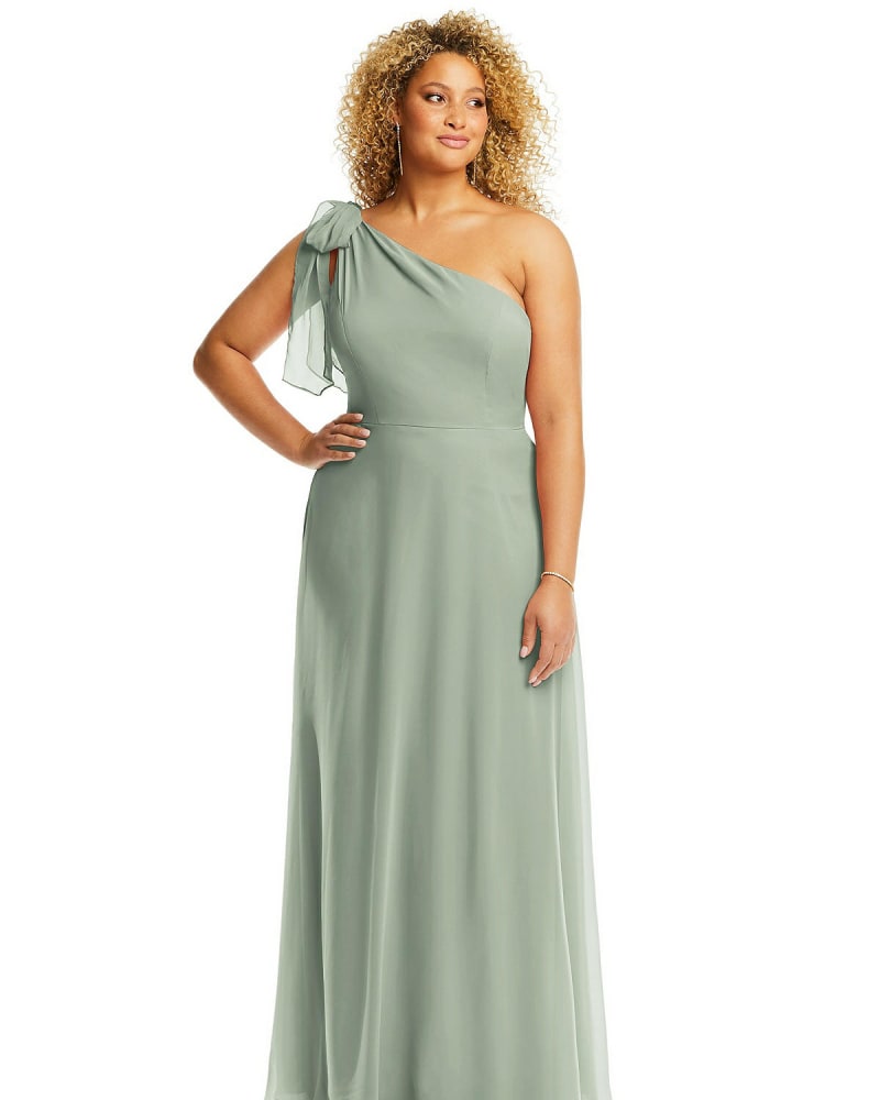 Front of a model wearing a size 20W Draped One-Shoulder Maxi Dress with Scarf Bow in Willow Green by After Six. | dia_product_style_image_id:266950